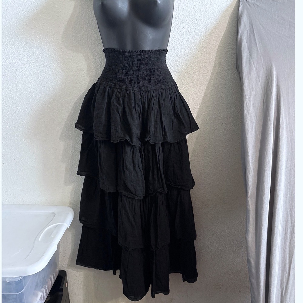 O + X Tiered Maxi Skirt M Black Boho Cottagecore Dark Fairy Goth Witchy Vamp Emo